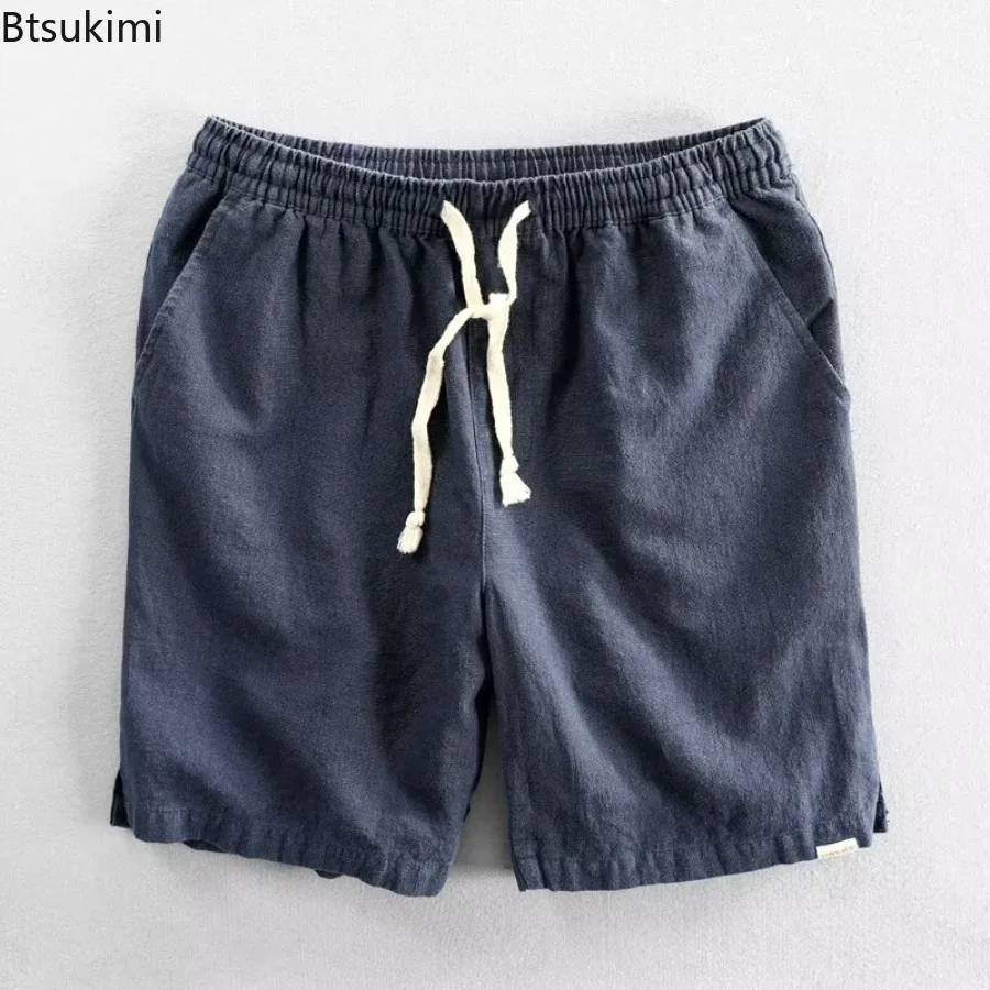 2025 Men's Summer Casual Cotton Linen Shorts Knee Length Beach Elastic Waist Shorts for Men Solid Color Comfortable Pants Male