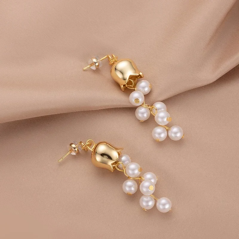 9999 Real Gold 24K Sweet Light Luxury Golden Bell Orchid Pearl Earrings Niche Personality Premium Sense Pearl Flower Versatile