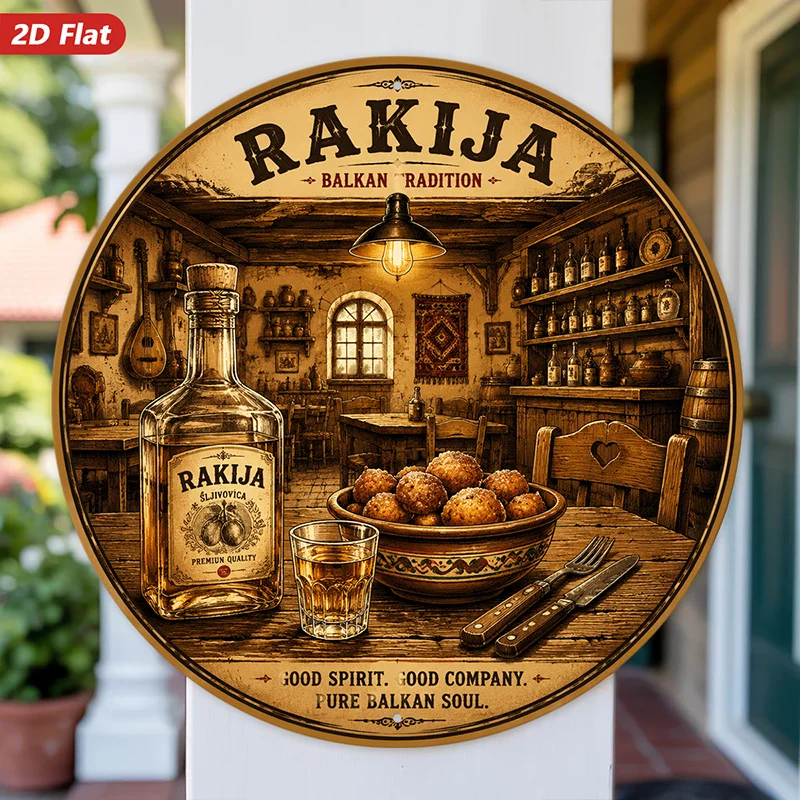 2D Flat Round Sign Wall Art, Rakija Theme Home Decor, Country Style, Suitable for Bar Scene Art, Alcohol Elements, Suitable for
