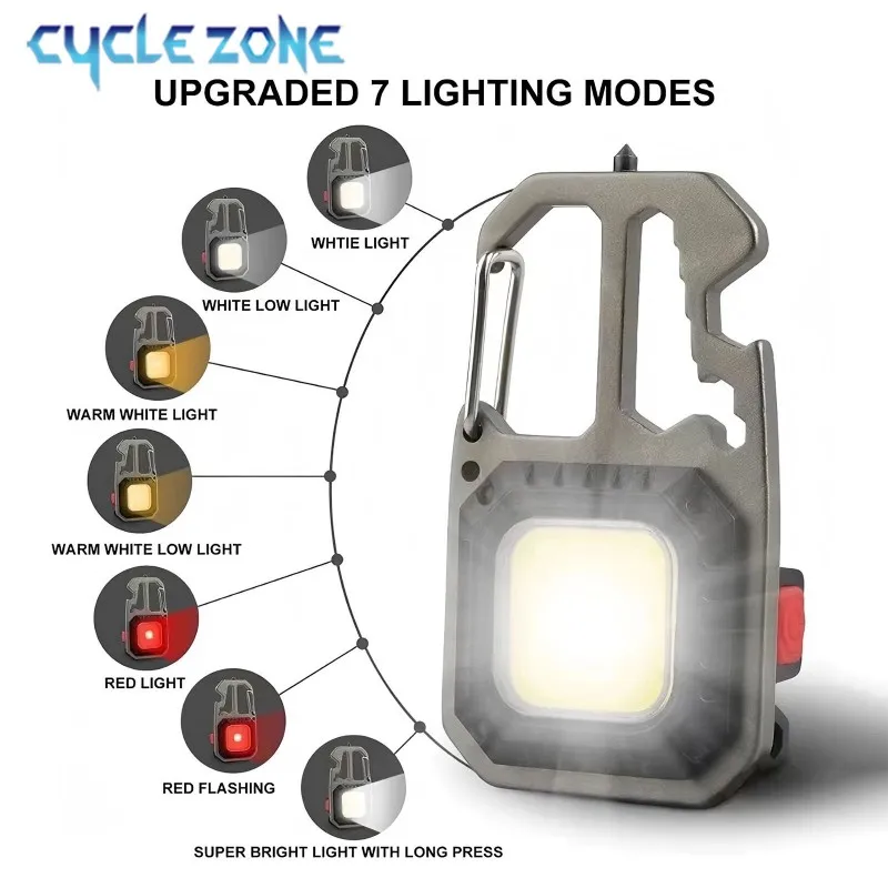 COB Keychain Work Light with Battery Display Rechargeable Portable Flashlight Safety Hammer Lamp Pocket Torch Emergency Lantern