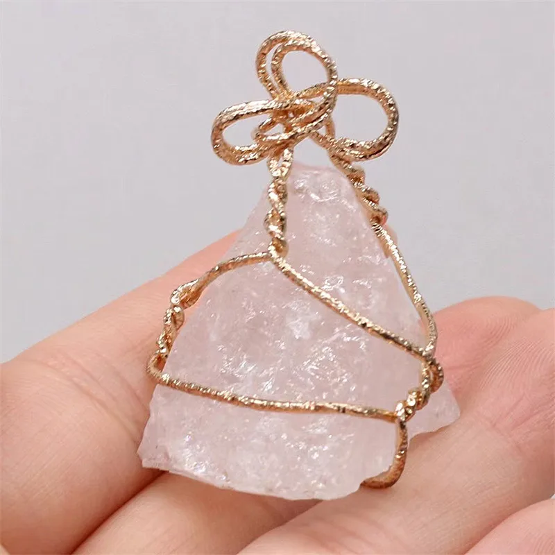 Natural gemstone gold copper wire wound crystal rose quartz rough stone DIY jewelry necklace for sale