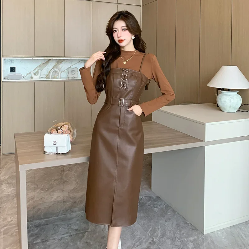 

PU leather skirt dress set two-piece autumn/Winter women's 2023 new high-waisted fashion halter retro slimming