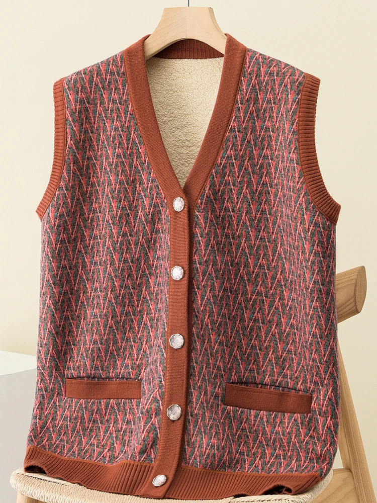 

Thiened Fce V-Ne Button-Up Warm Vest Top with ket for Middle-Aged And ly Autumn Winter Faion Outerwear