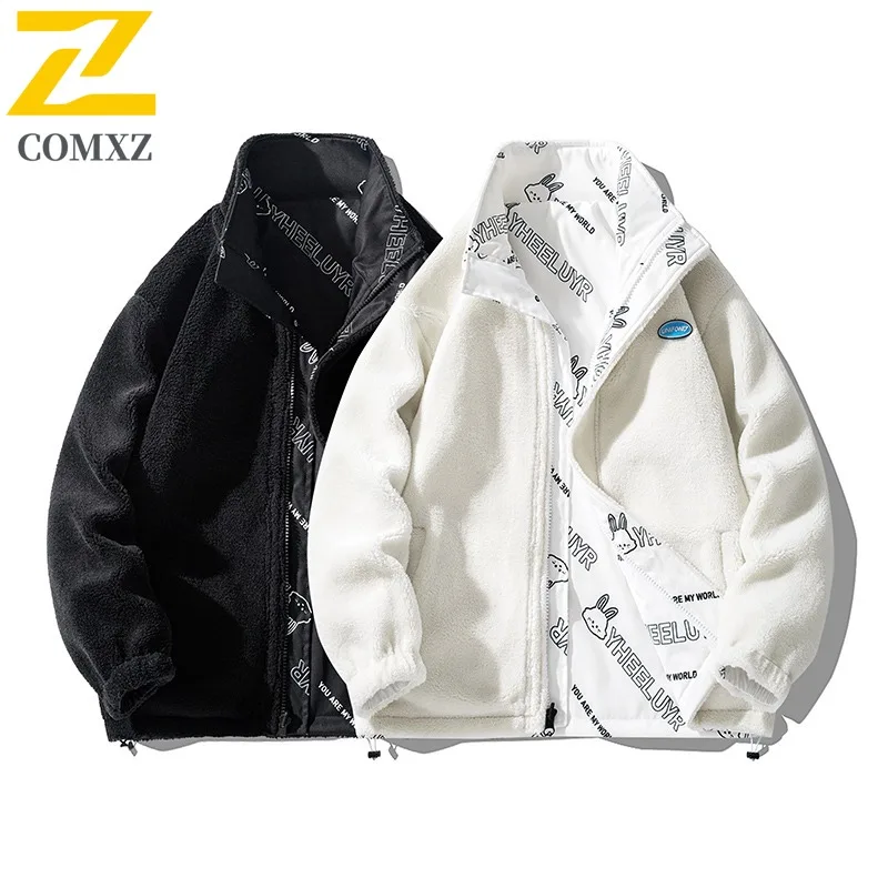 

COMXZ 2025 Мужская двусторонняя куртка-шерпа с воротником-стойкой, осенне-зимняя модная студенческая теплая куртка, повседневная верхняя одежда