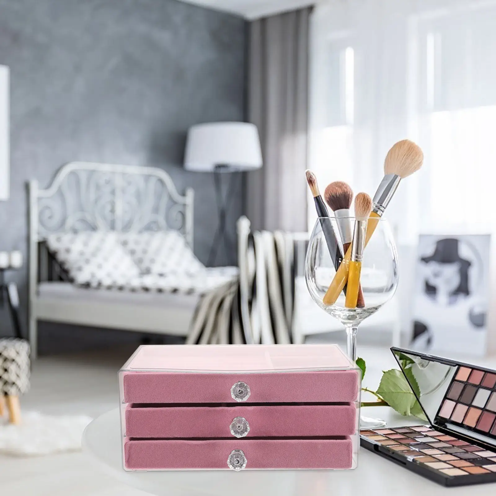 

Многоуровневый органайзер для украшений с выдвижными ящиками, коробка для хранения серег, колец, ожерелий и мелких украшений для женщин, для использования на столе, в путешествиях, на туалетном столике, розовый