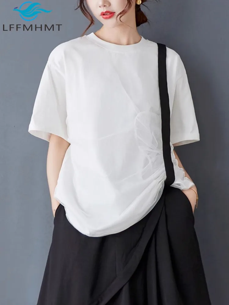 

Double Layer Mesh Patchwork Short Sleeve Black White Tees Women's Summer Fashion Solid Color O-neck Chic Design Casual Pullovers