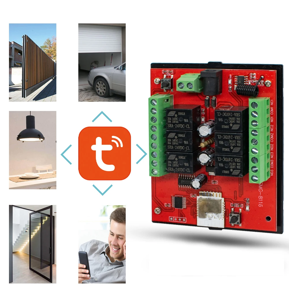 

1 set of DC 12V/24V, 6-channel TUYA WiFi smart relay + remote control