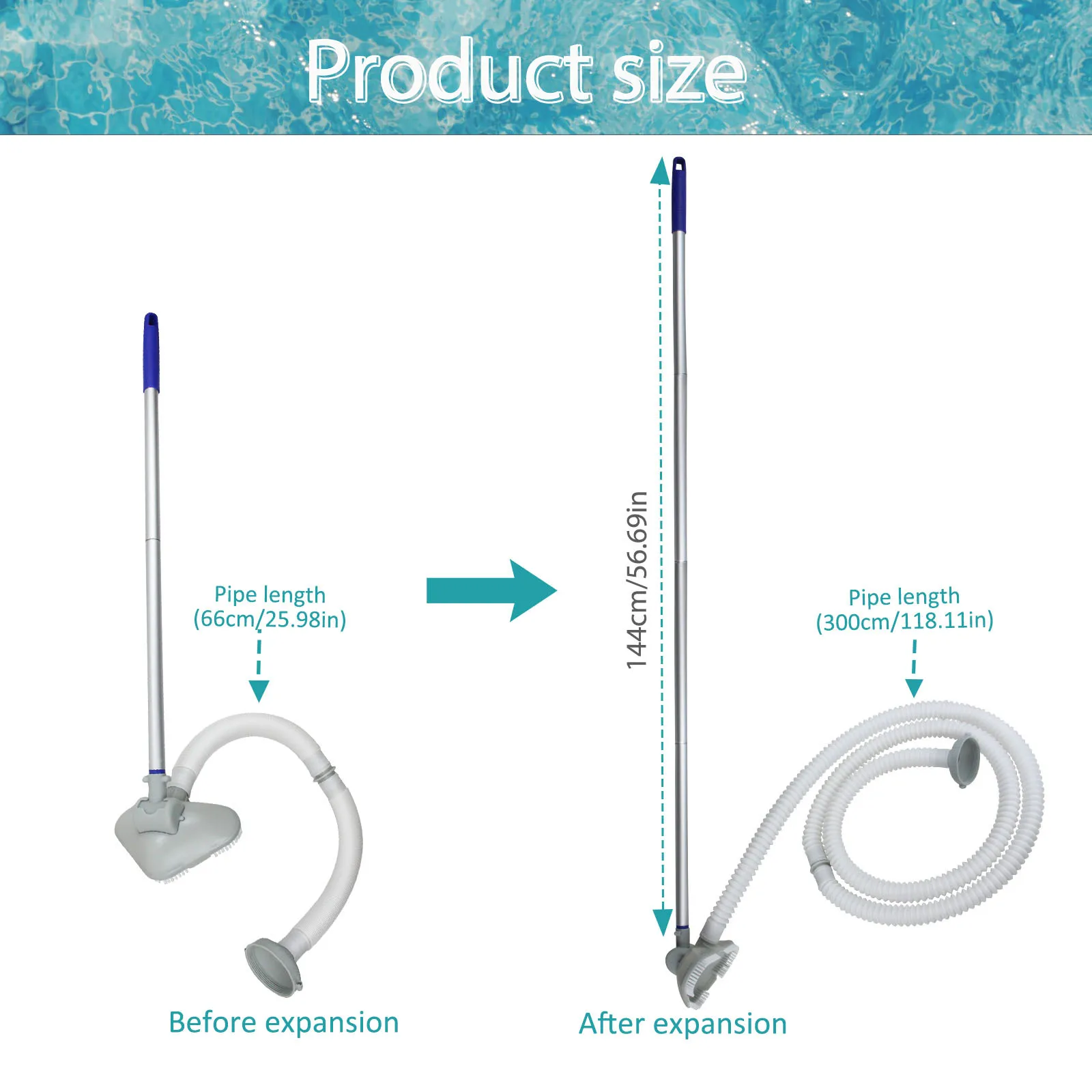 Pool Vacuum Cleaner with Telescopic Pole and Rotating Brush Head Designed for Inflatable Pools Uses Existing Pump System