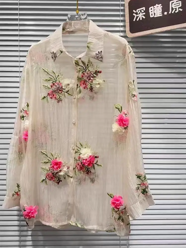 Luxury Style Flowers Embroidery Diamonds Stitch Thin Sunscreen Blouses Shirts Women's Long Sleeve Sexy Summer Tops