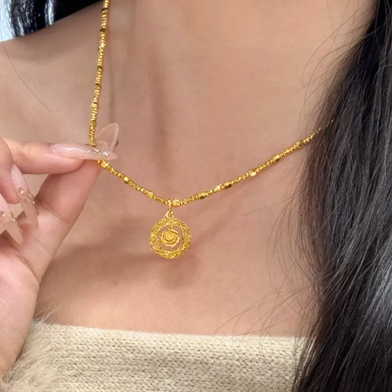 9999 gold ultra-fast Dream Network rose flower pendant necklace for women, full of star patterns, fashionable and elegant