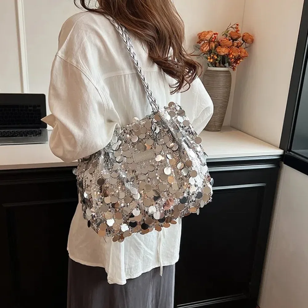 

New Sparkling Sequin Shoulder Bags Zipper Closure Large Capacity Tote Bag Solid Color Underarm Bag Women