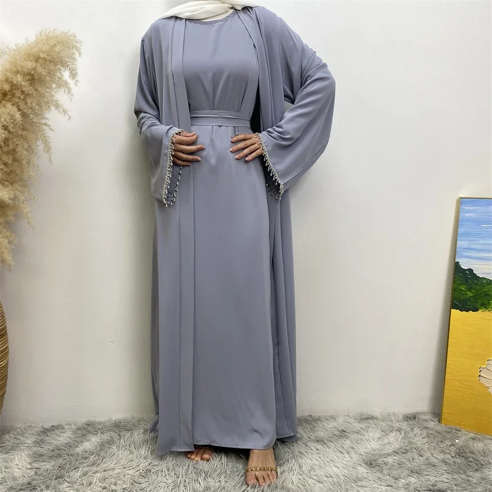 

Abaya Muslim Women Open Kimono Inner Maxi Dresses Set Matching Turkey Kaftan Islamic Arab Party Eid Dubai Jalabiya Caftan Outfit