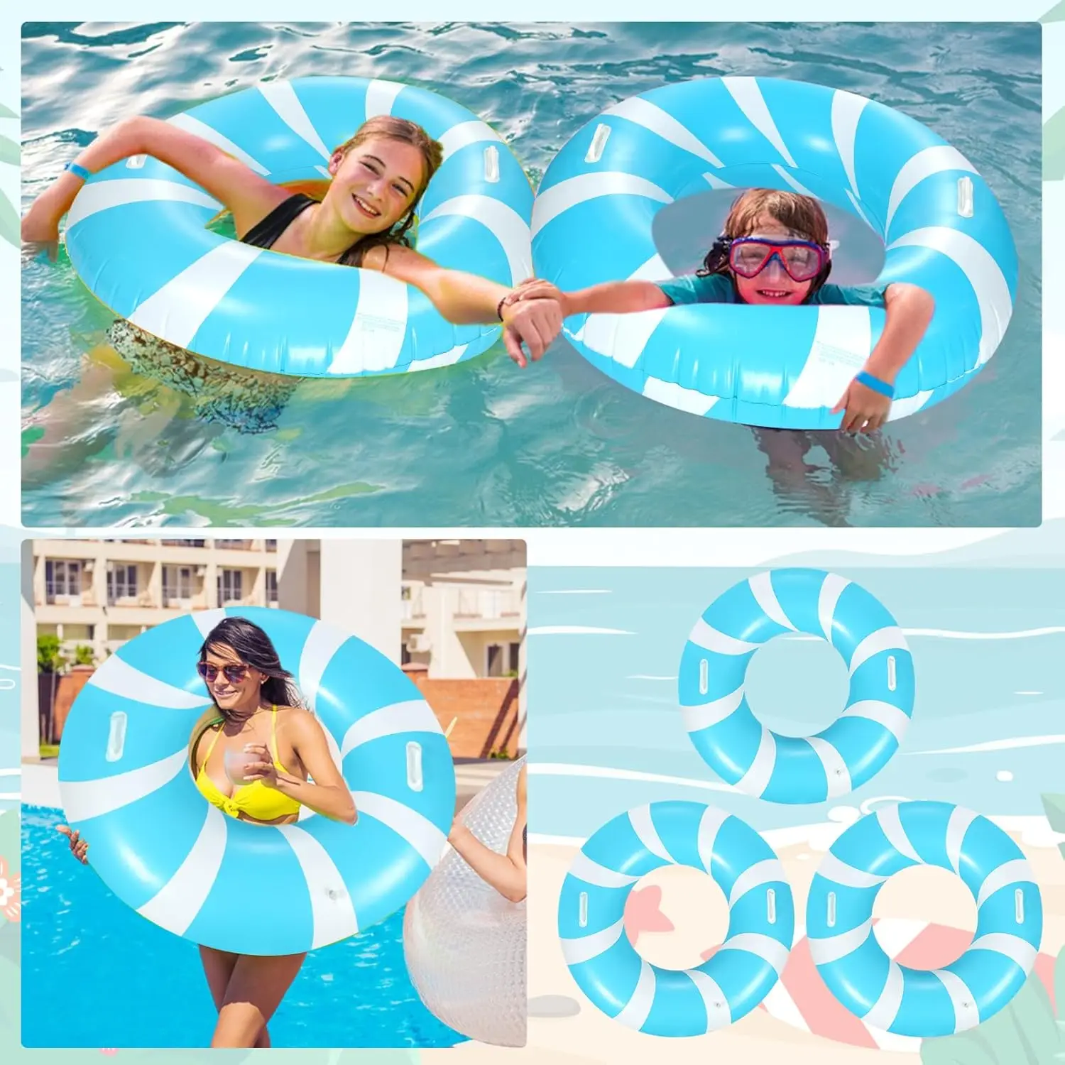 Anneau de natation gonflable de 39.4 pouces, 3 pièces, avec imprimés amusants, flotteurs de piscine rayés, Tubes de piscine gonflables, plage flottante d'été