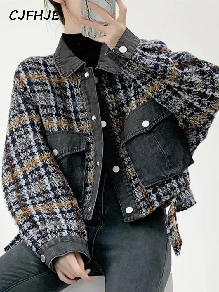 CJFHJE Turn Down Collar Tweed Cropped Jackets Women Autumn Pocket Jacket Short Coats Woman Korean Chic Single-Breasted Outerwear