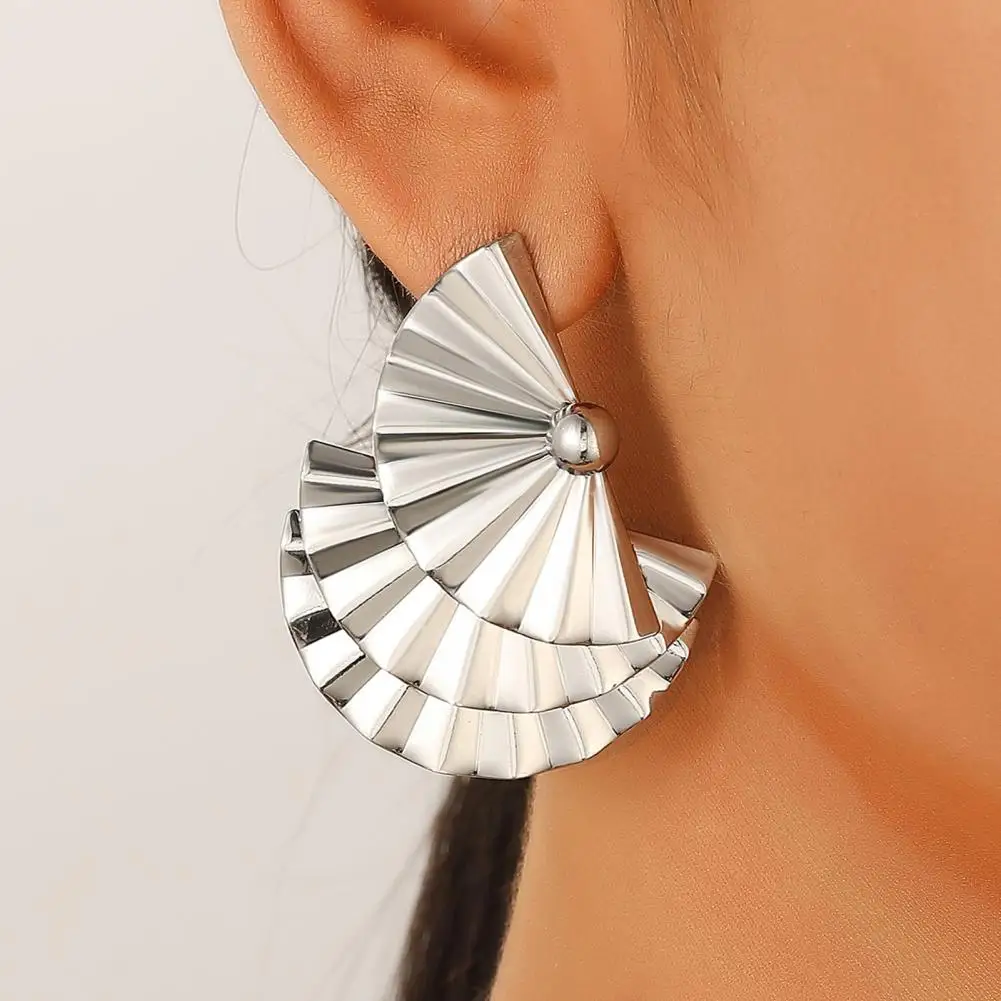 Fan-shaped Earrings Exaggerated Layered Fan Shape Women's Earrings for Club Party Performance Solid Color Iron for Celebrity