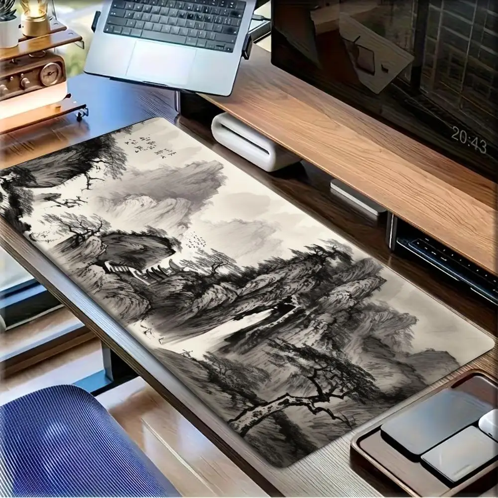 Large Gaming Mouse Pad Desk Mat Keyboard Pad Chinese Ink Wash Mountain Pine Pavilion Vintage Oriental Landscape Print Mousepads