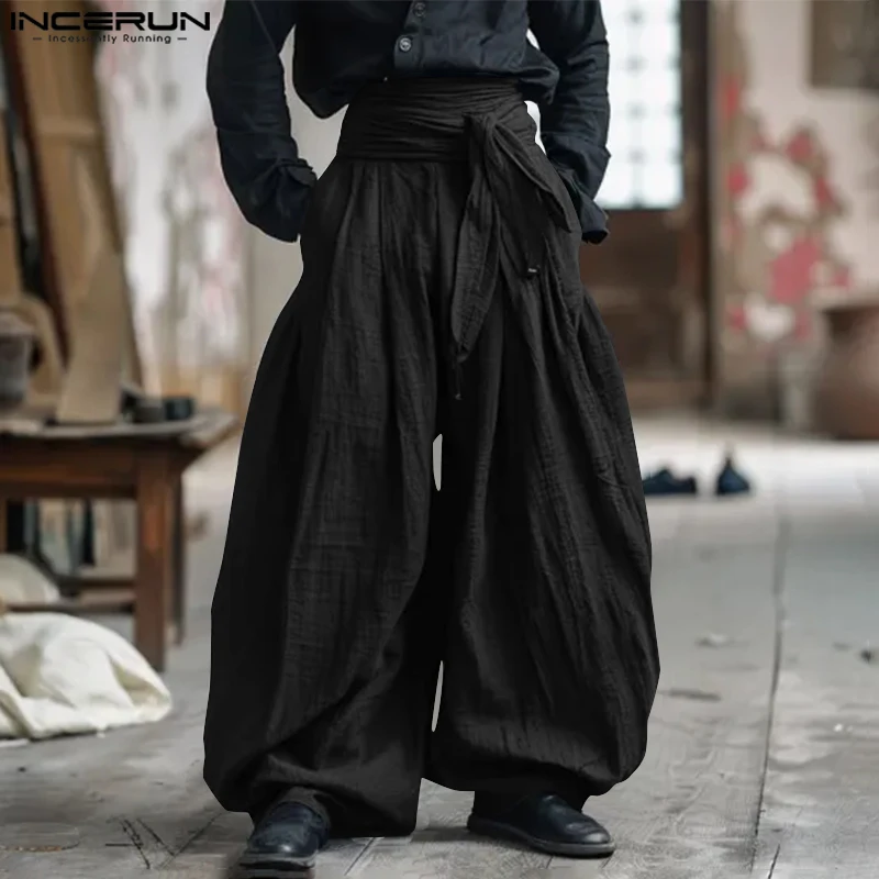 INCERUN Men Causal Loose Long Pants 2024 Handdsome Strap Design Fashion Trousers Harajuku Simple Male Wide Leg Pokets Bottoms