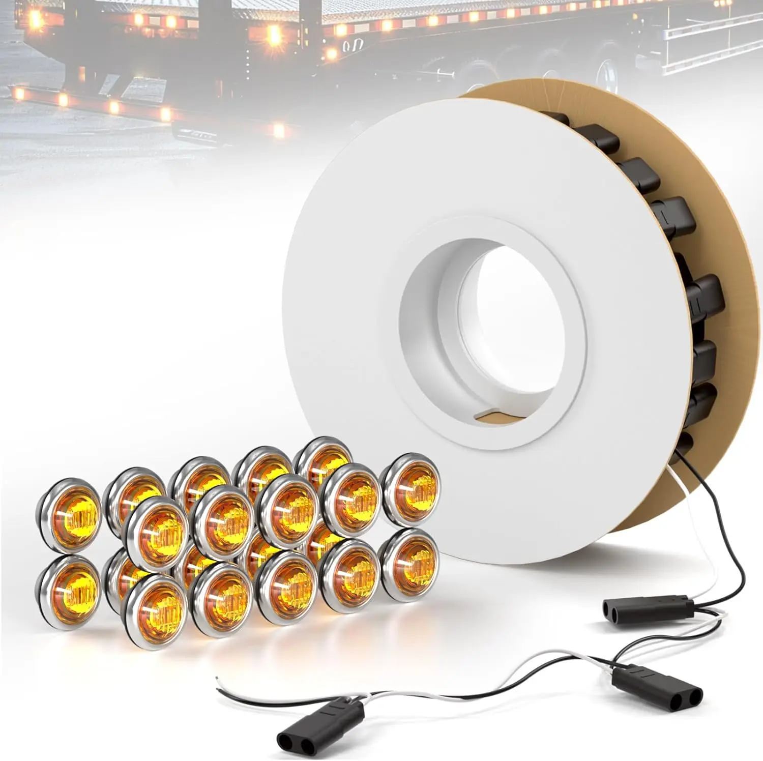

20Pcs Amber 3/4' Trailer LED Lights w/Plug, Trim Rings & Wire Harness