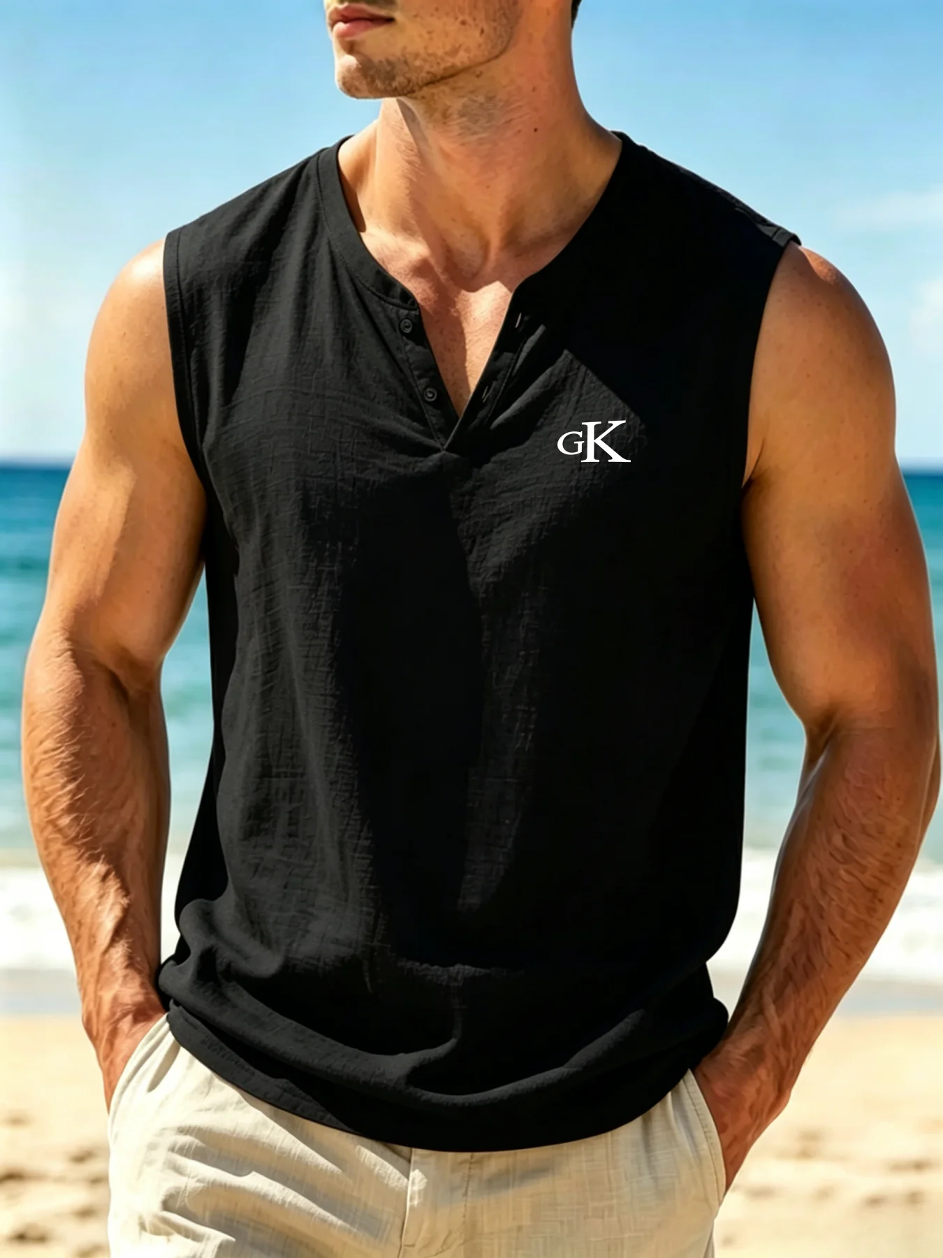 Mens Cotton Linen Henley Sleeveless Tank Top GK Print Breathable Casual Summer Beach Vest 2632
