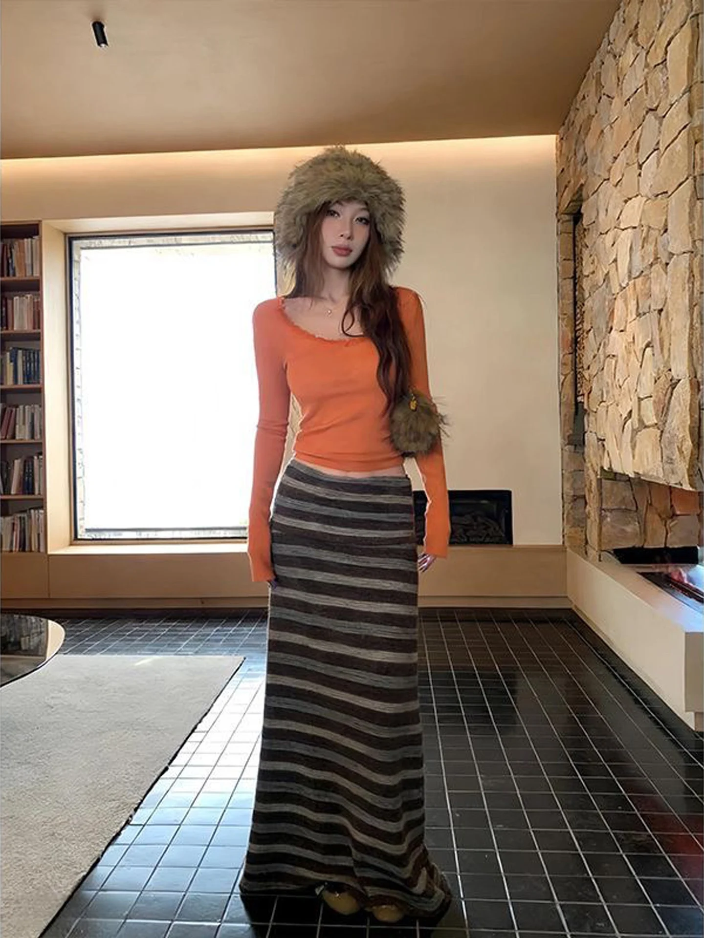 Women's Knitted High Waist Stripe Skirt And Long Sleeve round Neck Base Top Set High Quality Korean Style Commute Wear