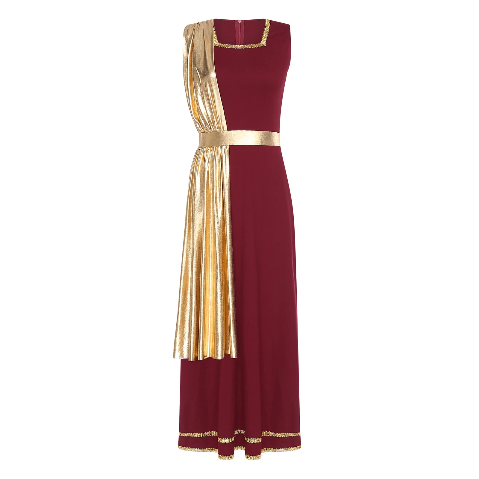 

Womens Ancient Greek Roman Tunic Dress Halloween Cosplay Costumes Sleeveless Gold Trim One-piece Metallic Shiny Drape Robe Toga