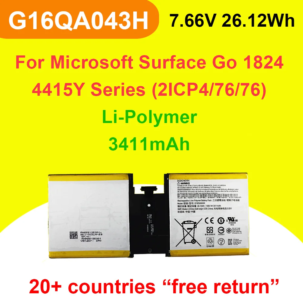 

G16QA043H Аккумулятор для ноутбука Microsoft Surface Go 1824 4415Y Планшетный ПК серии 2ICP4/76 7,66 В 26,12 Втч 3411 мАч Высокое качество