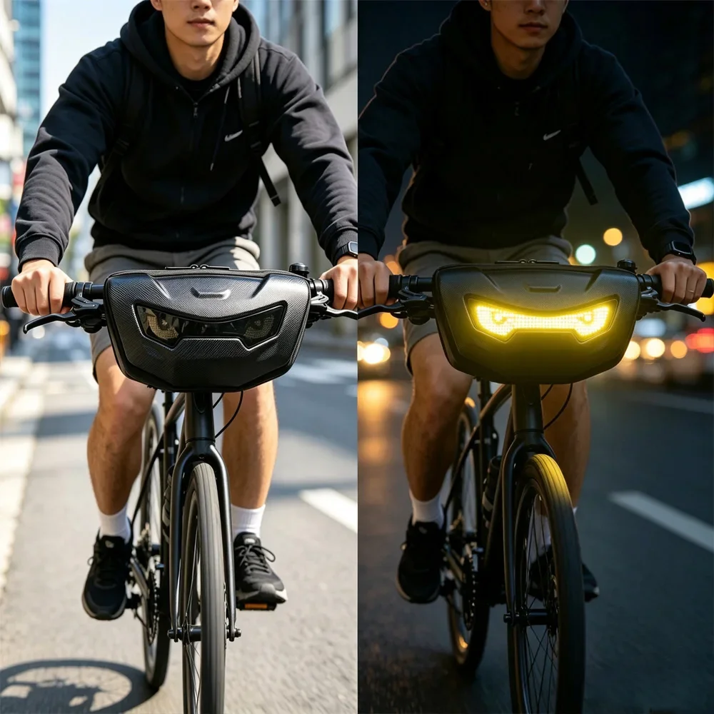 App‑Controlled LED Pixel Bike Handlebar Bag, Waterproof Front Phone Storage Pouch for MTB & E‑Bikes, Power Bank Sold Separately