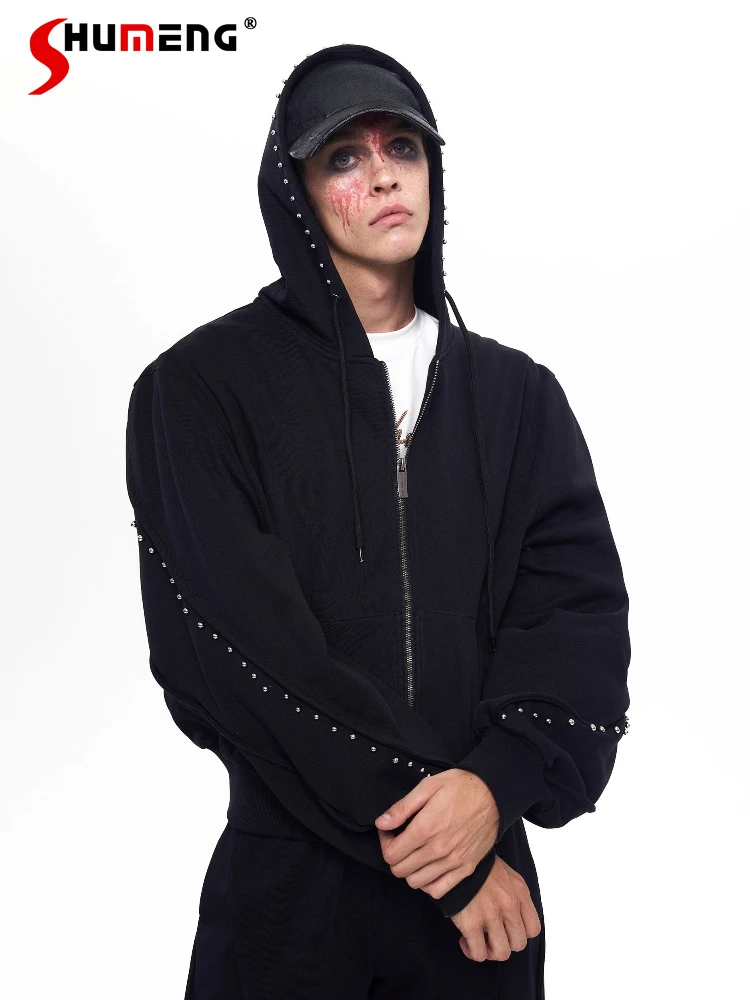 

Men's Sets Men's 2025 Autumn New Trendy Bead Design Hooded Sweatshirts Zipper Jackets Solid Color Trousers Men's Two-piece Sets