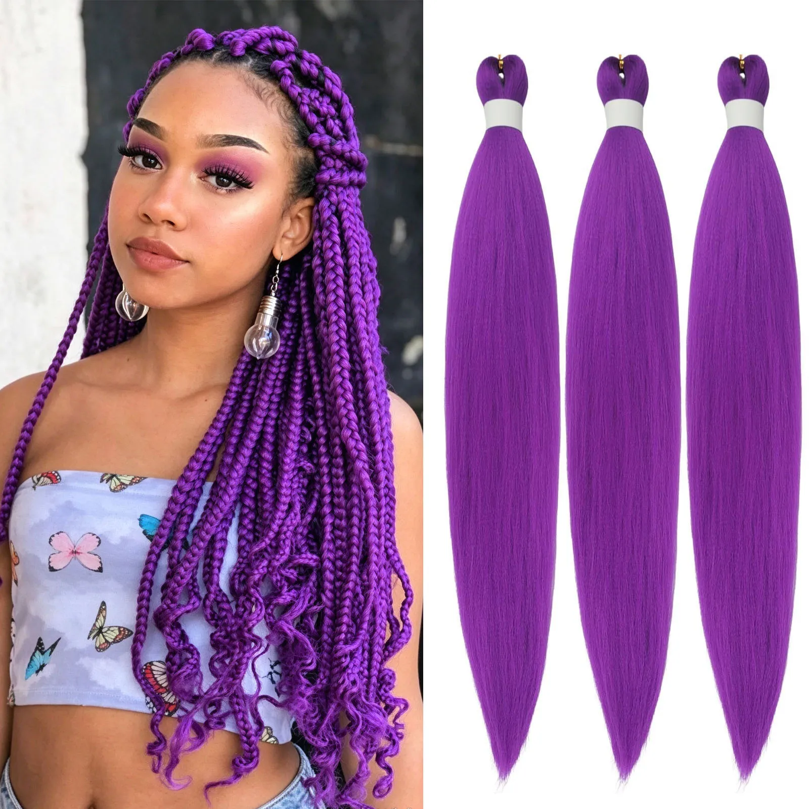 Purple Pre Stretched Braiding Hair 3 Packs, Synthetic Colored Hair Extensions for Knotless Box Braids for Girls