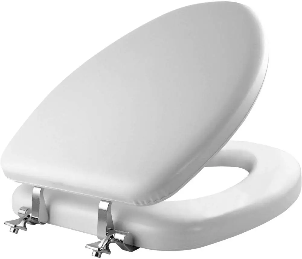 

Comfortable Elongated Toilet Seat with Soft Vinyl Cover and Chrome Hinges, Made in USA, White