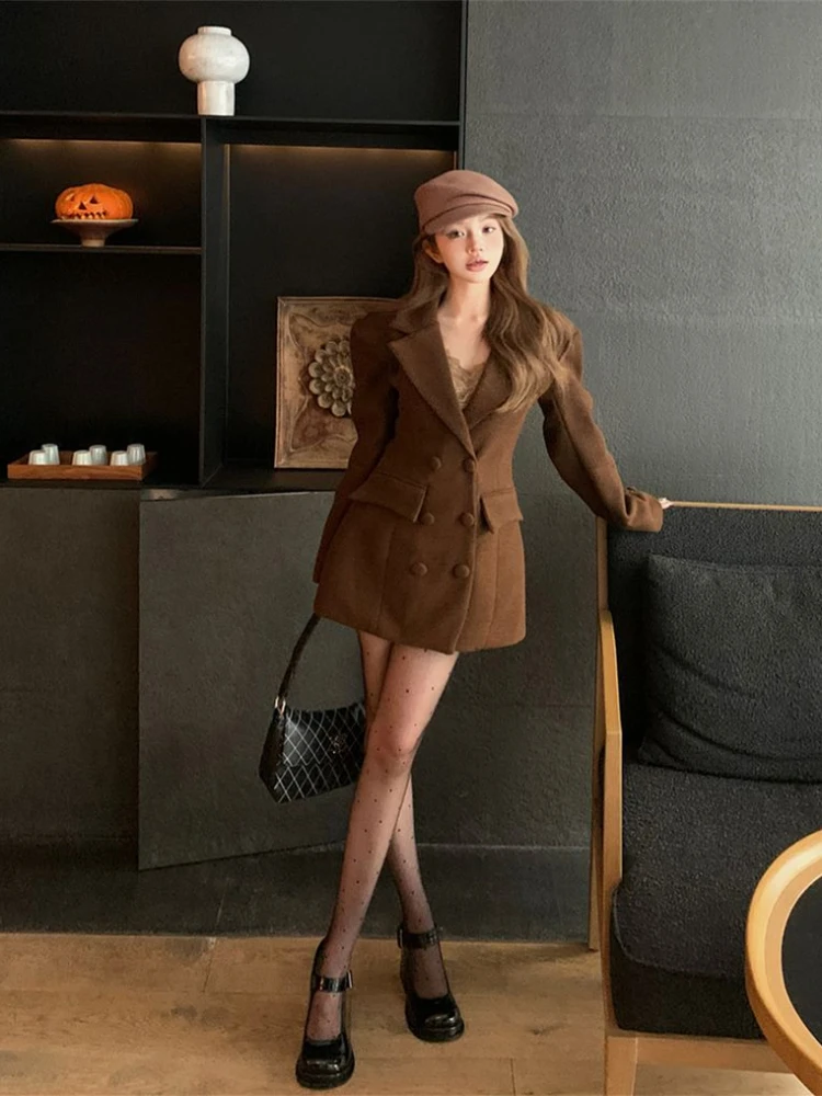 Solid Pockets Double Breasted Slim Blends Women Korean Style Vintage Coat Autumn Winter Fashion All-match Simple Leisure Chic