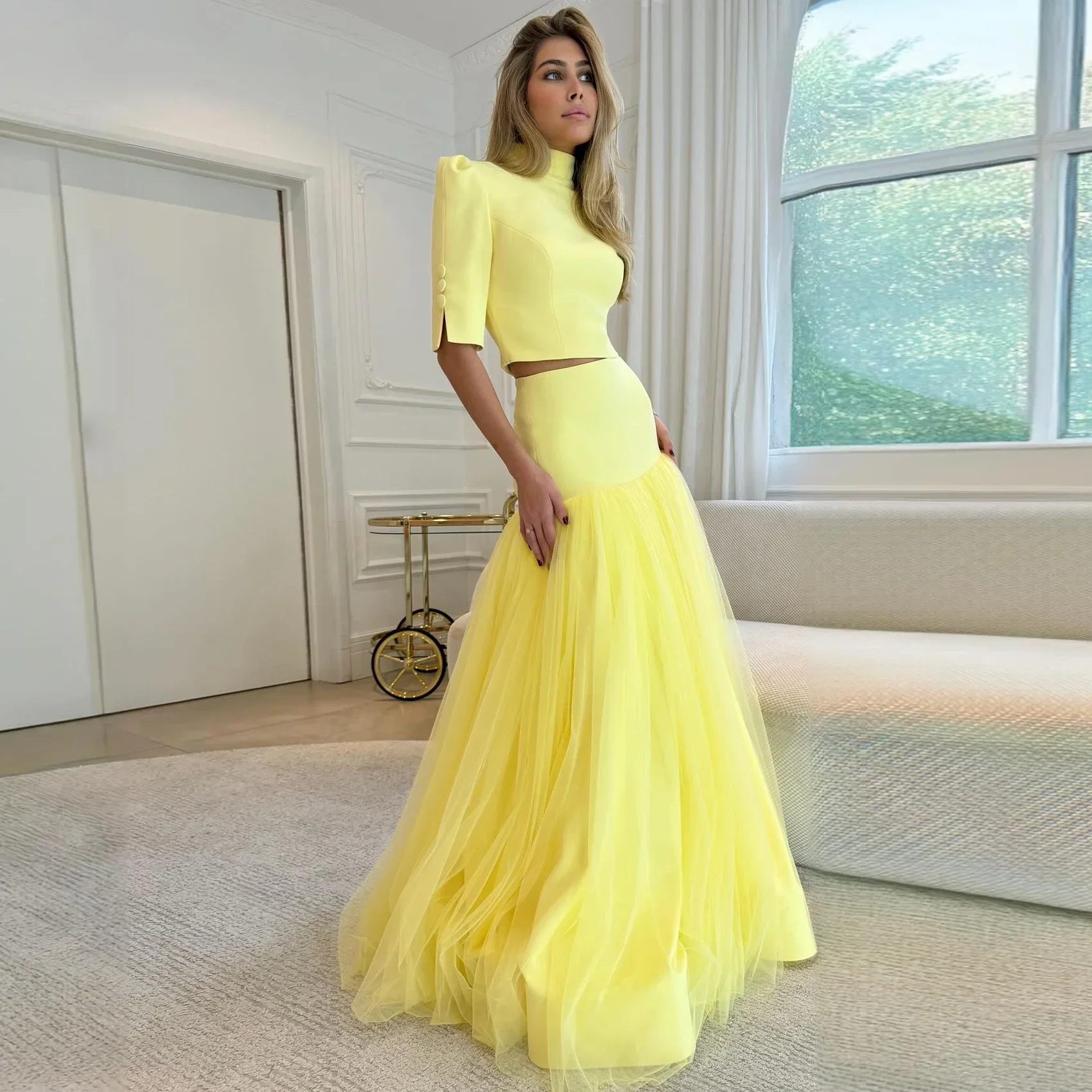 Pretty Yellow Two Pieces Party Dresses High Neck Stretchy Silk Tulle Women Formal Occasion Dress 2 Pcs Maxi Prom Gown with Bow