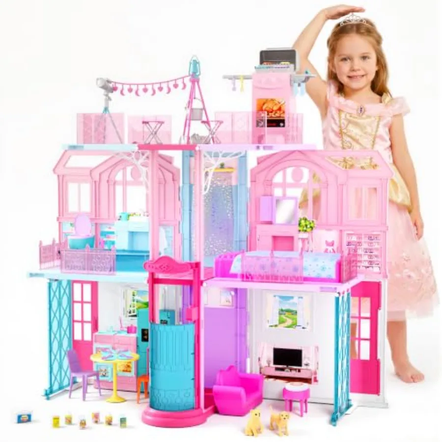 Foldable 3-Story Dollhouse w/Elevator 5 Rooms for Indoor Play Wooden-Style Plastic, Pastel Pink, Includes 60+ Accessories Furni