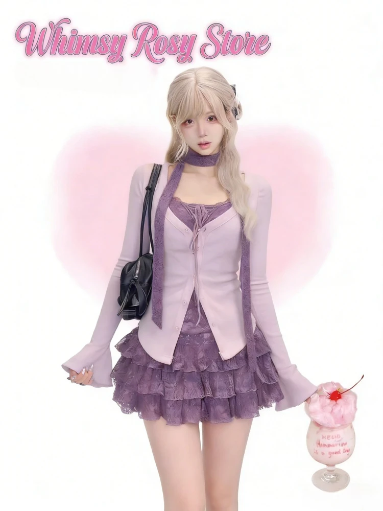 

2026 Japanese Outfits Spring Women Kawaii 2 Piece Skirt Set Y2K Crop Top T-shirt + Cake Skirt Japanese Sweet Style Vintage Suit