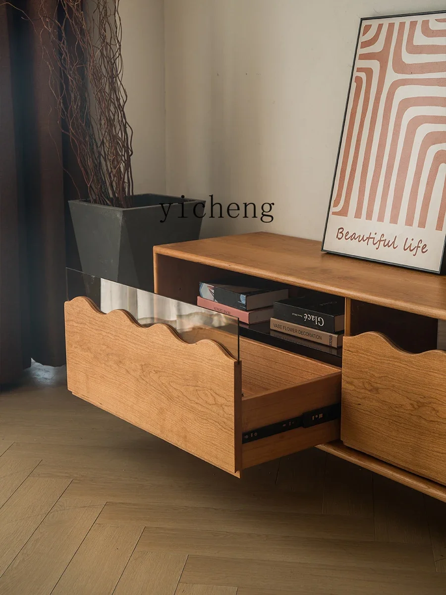 ZZ ZC Cherrywood Floor TV Cabinet Small Apartment Mid-Ancient Solid Wood Large Drawer Audio and Video Test Cabinet