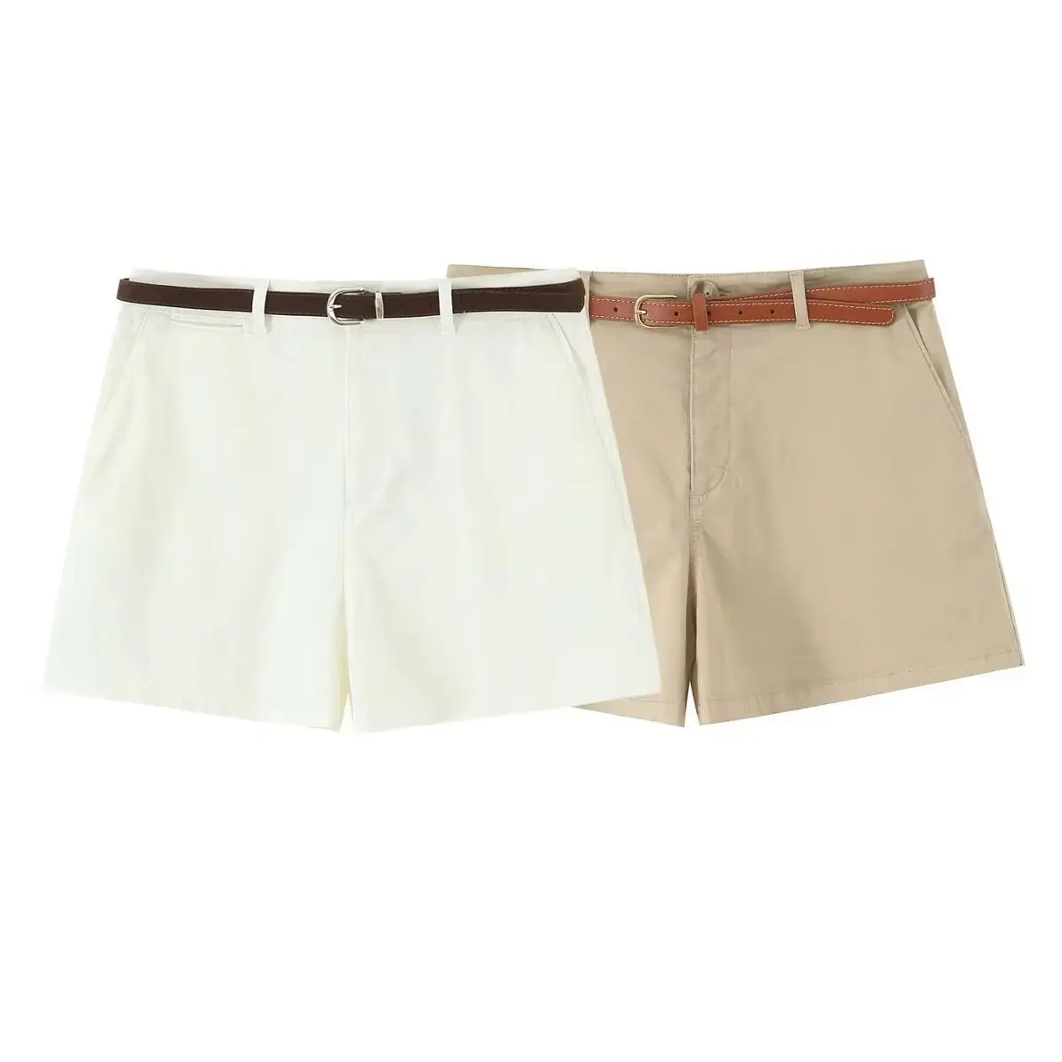 KONDALA Chic White Vintage Woman Summer Casual Shorts Fashion 2025 Summer Sashes Pockets Streetwear Basics Khaki Mujer Shorts