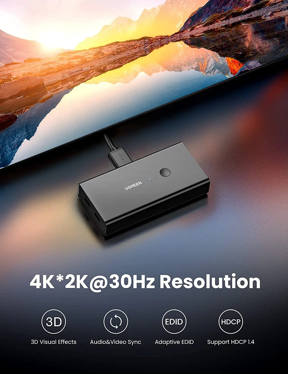 UGREEN KVM Switch 2 Port HDMI and USB Switcher 2 in 1 Out 4K 30Hz KVM Switches for Computer Mouse Keyboard