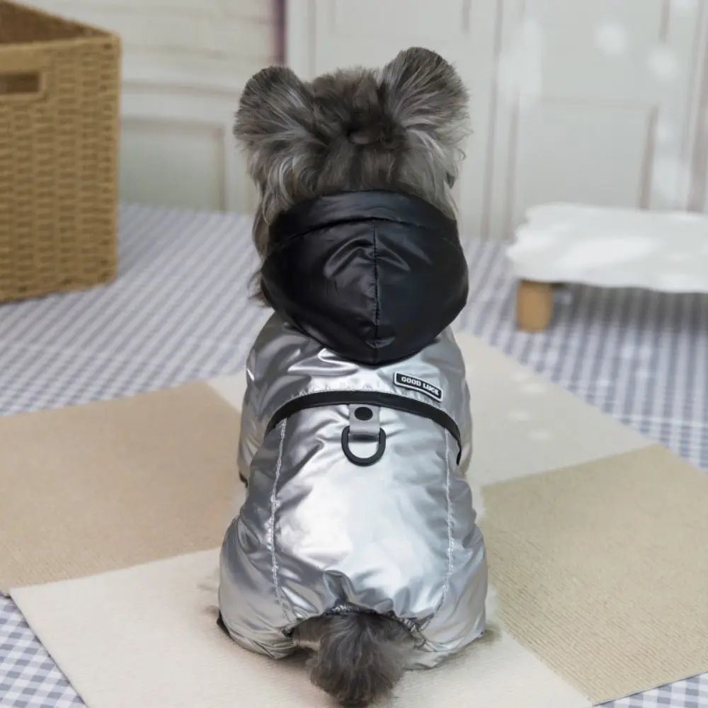 Glossy Finish Dog Winter Coat Padded Lining Leash Hole Four-Legged Dog Costume Hooded Zipper Closure Pet Clothes