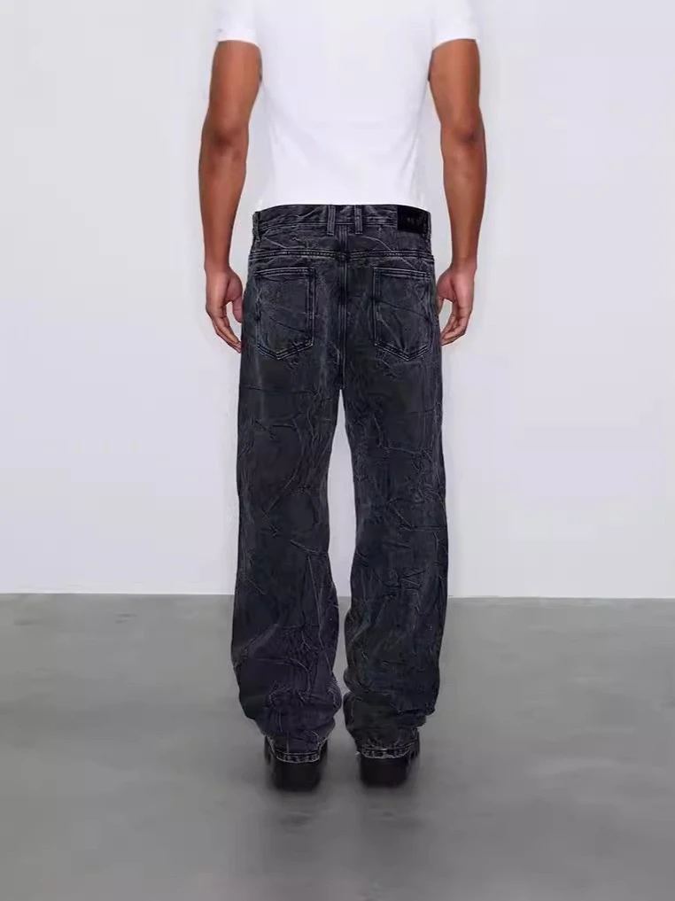 American Sle Cleanfit Retro Snowflake Waed Jeans Pria Heavy Du Vintage Pola Gelombang Kaki Lurus Kasual Katun Denim