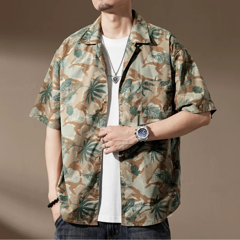 

2024 American Casual Youth Trend Vintage Cuban Collar Short-sleeved Shirt Men's Summer Ice Silk Hawaiian Baroque Flower Shirt