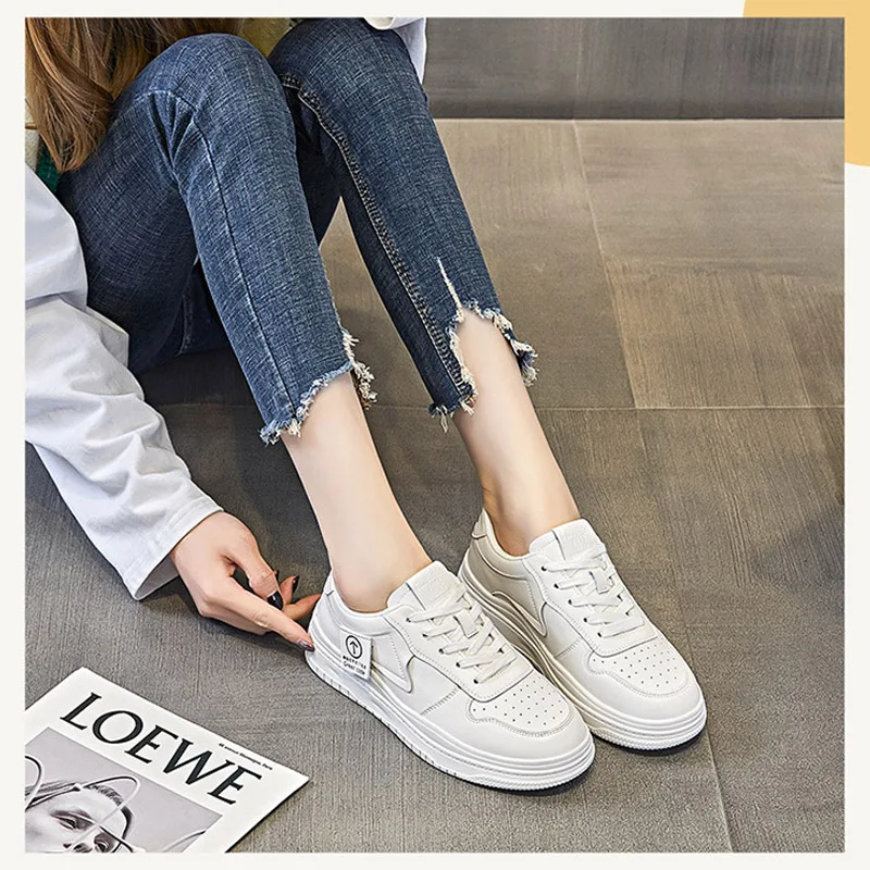 CXJYWMJL Genuine Leather Women Casual Sneakers Plus Size Spring Thick Bottom Vulcanized Shoes Ladies Skate Shoes Small White