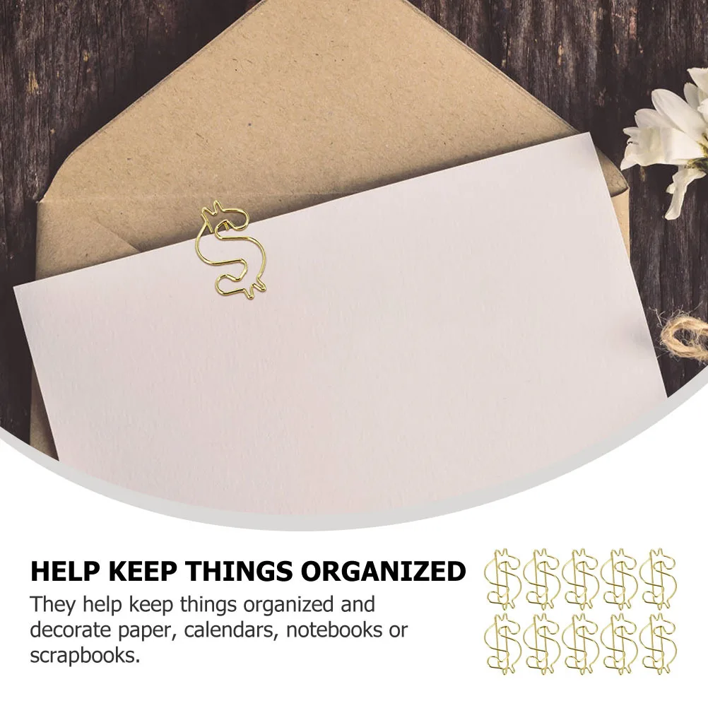 10 stücke Galvani Gold Büroklammern Legierung Metall Datei Clips Dollar Design Dekorative Büro Schule Liefert Binder Klemmen Für