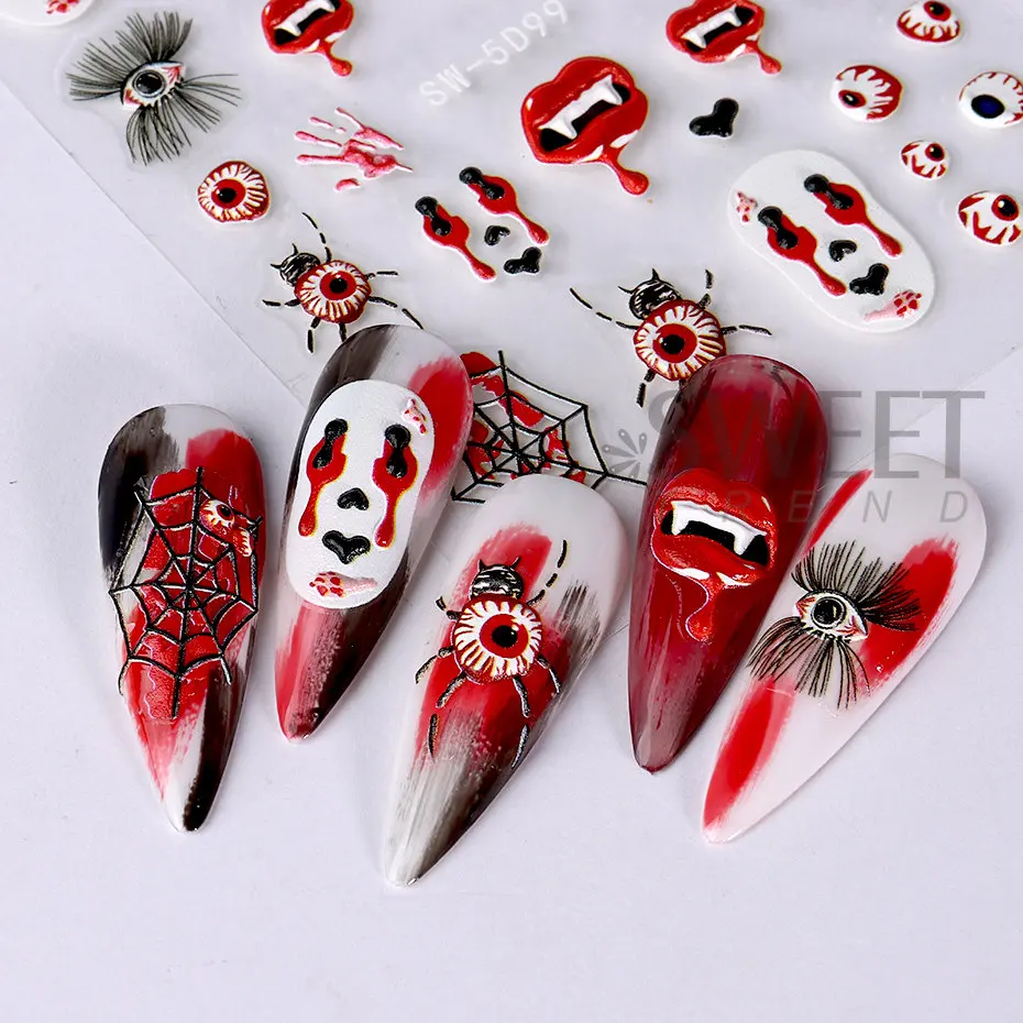 5D acrilico Nail Sticker Halloween Ghost Skull Blood Drips Lip Design Decal Spider Witch Pumpkin Nail Art decorazione Manicure fai da te