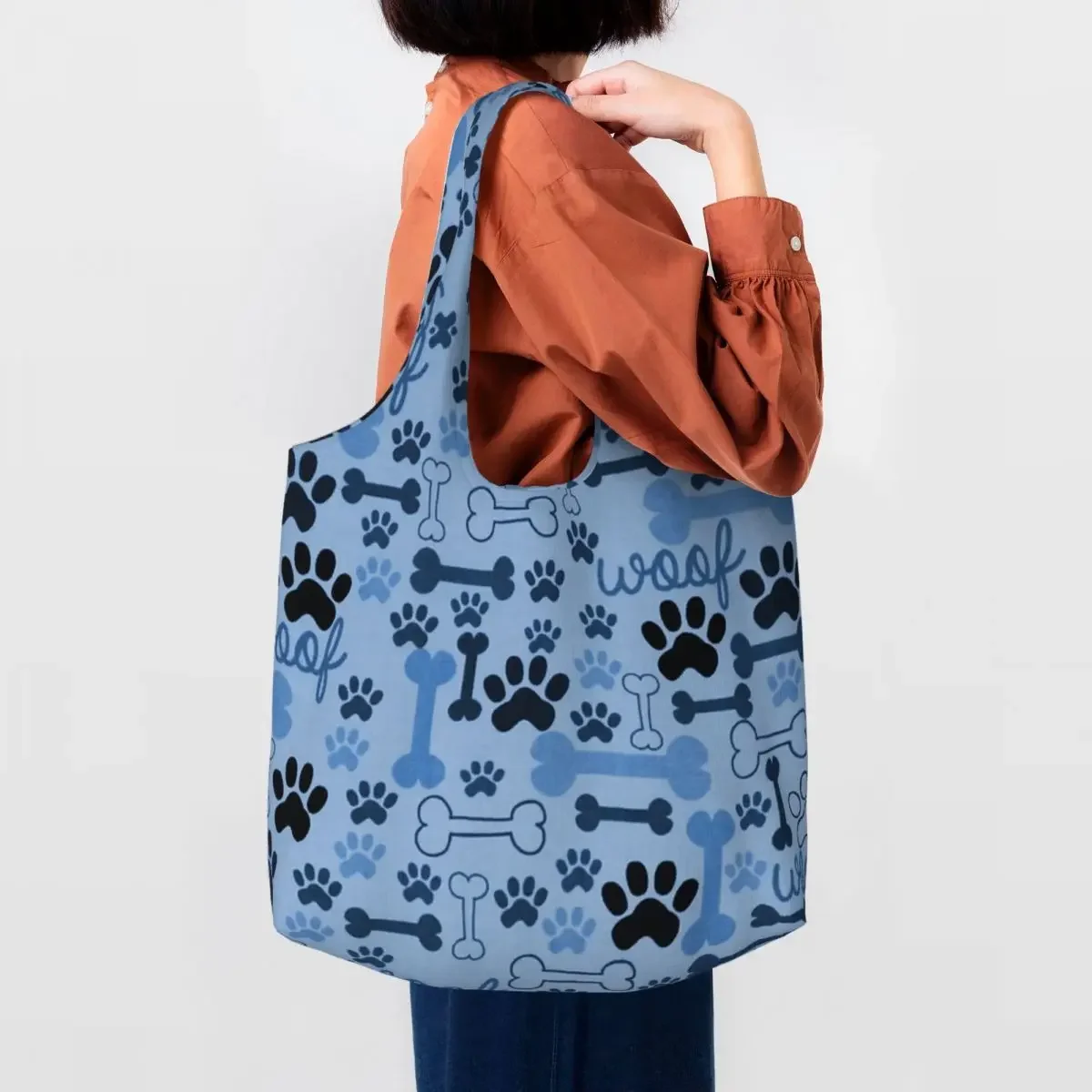 

Blue Dog Bones And Paw Prints Pattern Canvas Shopping Bags Washable Large Capacity Groceries Animal Footprint Shopper Tote Bags