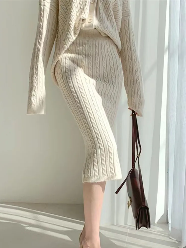 New Korean Fashion Knitted Two Piece Sets Womens Outifits Autumn Winter V-neck Twist Pattern Cardigan Sweater + Midi Skirt Sets