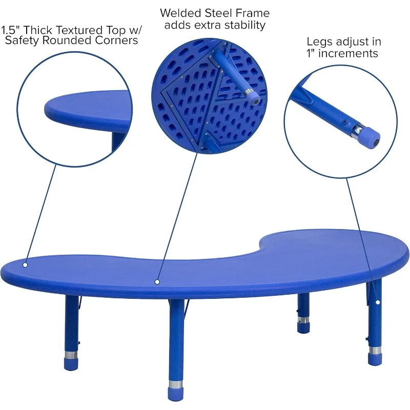 Tavolo da attività regolabile in altezza in plastica blu mezza luna da 35''L x 65''L, può contenere fino a 220 libbre