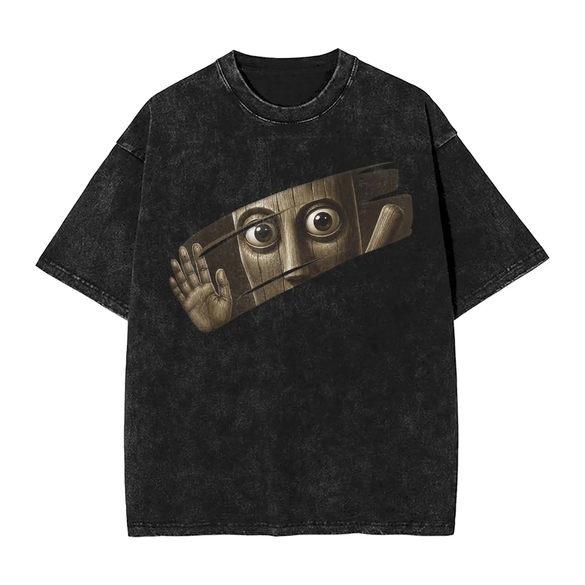 Vintage Tung Tung Sahur Peeking Through Funny Brainrot Meme T-Shirt Men Round Collar Cotton T Shirts Short Sleeve Tee Shirt