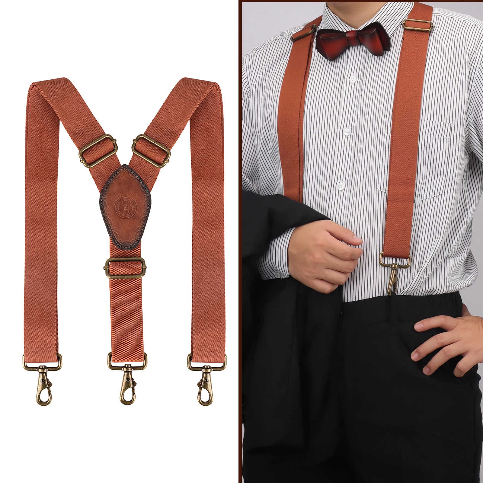 

Tourbon Men's Suspender Strap 3 Metal Snap Hooks Heavy Duty Y Back Design Fully Adjustable Webbing Straps for Pants Brown