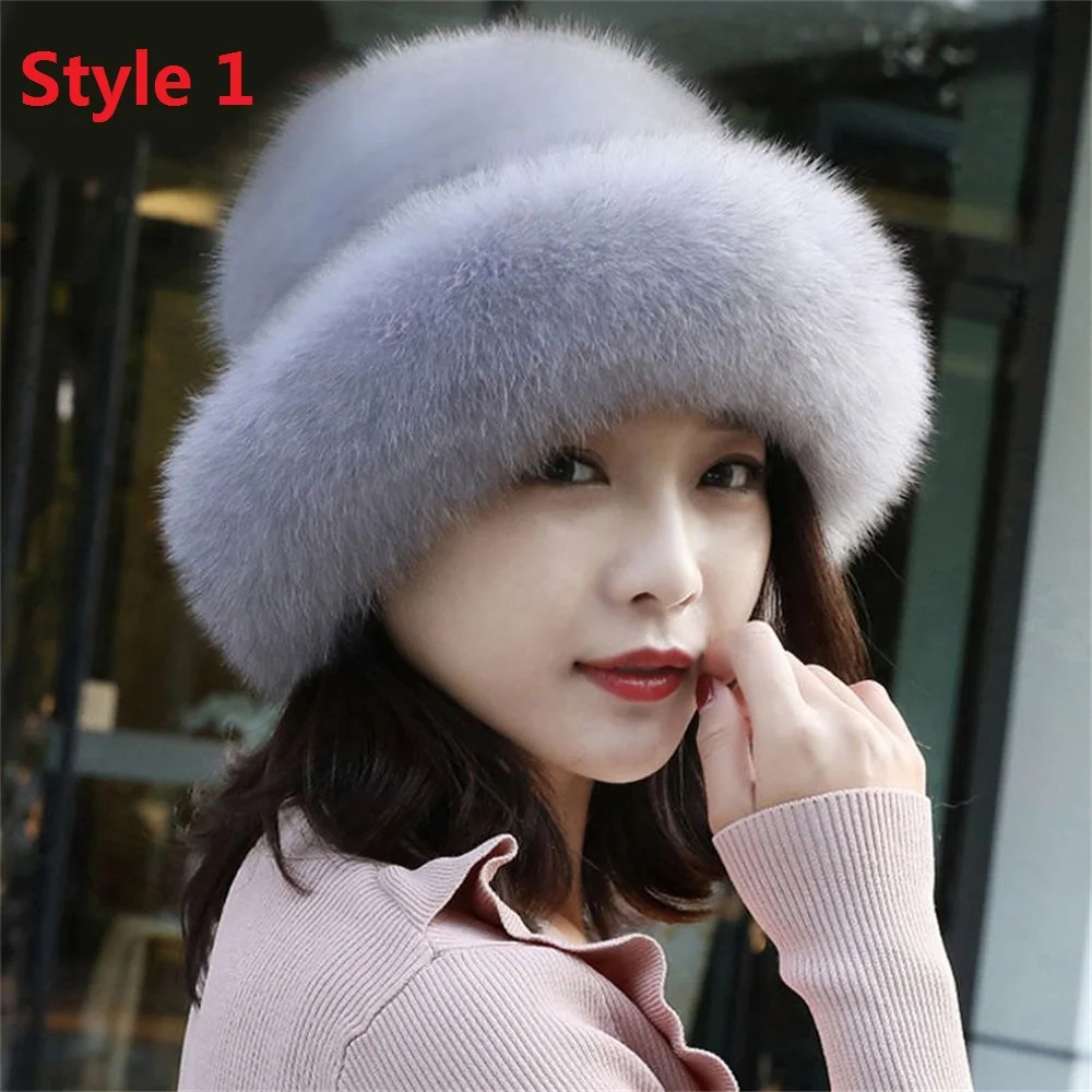 Hat Women Winter Warm Cap Fashion Princess Hat Warm Mink Fox Fur Hat ThickenedBeret Faux Fur Hat Furry Fleece Thickening Caps