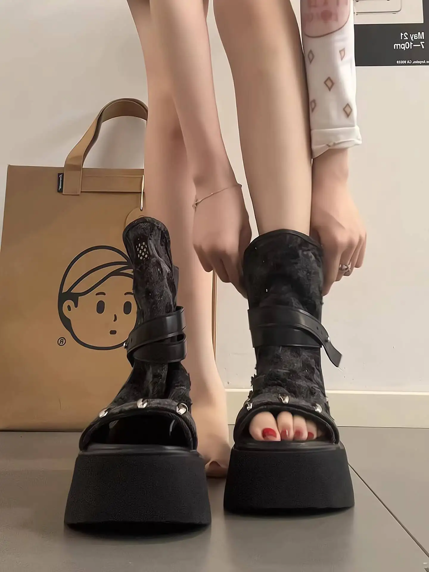 

Women's Sandals 2026 Summer New Thick Platform Roman Boots Girl Dark Style Slim Cutout Ankle Boots Sandals